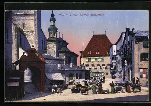 AK Hall, Oberer Stadtplatz mit Markt