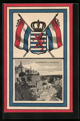 AK Luxemburg, Teilansicht mit Bockfelsen, Wappen