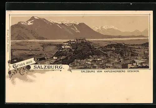 Lithographie Salzburg, Totalansicht vom Kapuzinerberg aus