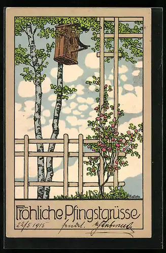 Künstler-AK Kallista: Baum mit Vogelhaus, Pfingstgruss