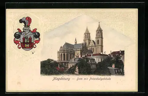 Passepartout-Lithographie Magdeburg, Dom mit Präsidialgebäude, Wappen