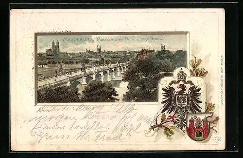 Passepartout-Lithographie Magdeburg, Panorama mit Dom und Lange Brücke, Wappen