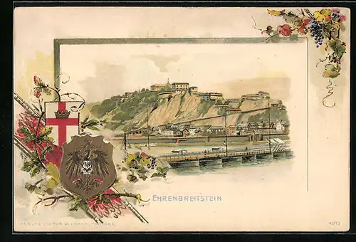 Passepartout-Lithographie Ehrenbreitstein, Panorama mit Schloss, Wappen