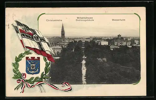 Passepartout-Lithographie Wilhelmshaven, Christuskirche, Stationsgebäude und Wasserturm, Wappen