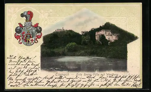 Passepartout-Lithographie Eisenach, Fritz Reuter-Villa mit Wartburg, Wappen
