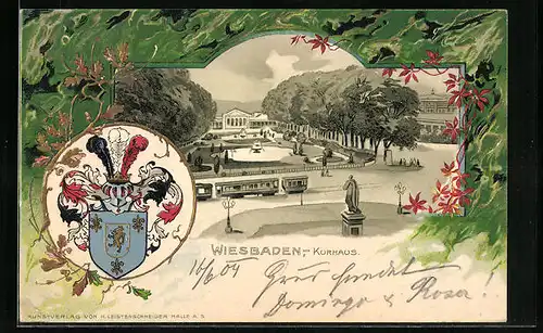 Passepartout-Lithographie Wiesbaden, Kurhaus mit Strassenbahn, Wappen