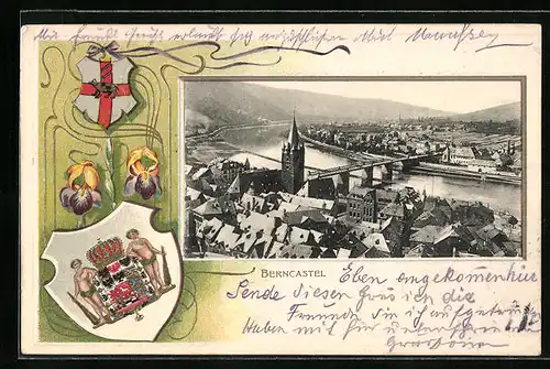 Passepartout-Lithographie Berncastel, Ortspartie aus der Vogelschau, Wappen