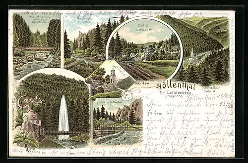 Lithographie Höllenthal b. Lichtenberg, Gasthof Hölle, Hirschsprung, Fontaine