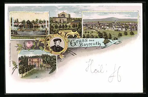 Lithographie Bayreuth, Wagner-Theater, Villa Wanfried, Panorama