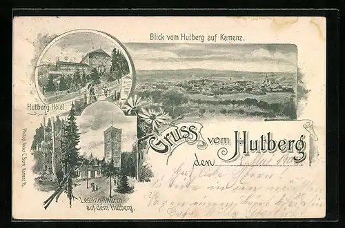 Lithographie Kamenz, Hutberg-Hotel, Panorama vom Berg, Lessing-Turm