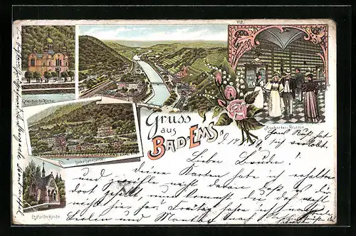 Lithographie Bad Ems, Griechische Kirche, Kaehnchen-Brunnen, Englische Kirche