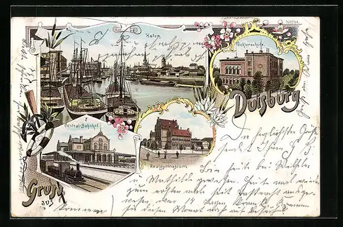 Lithographie Duisburg, Central-Bahnhof, Hafen, Töchterschule