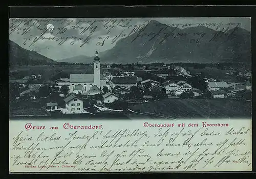 Mondschein-AK Oberaudorf, Teilansicht mit dem Kranzhorn