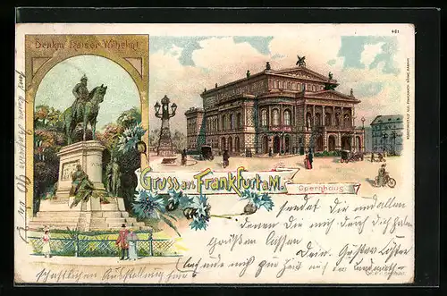 Lithographie Frankfurt a. M., Opernhaus, Denkmal Kaiser Wilhelm