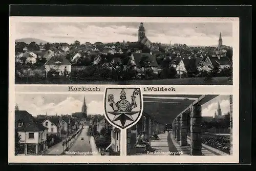 AK Korbach i. Waldeck, Hindenburgstrasse mit Geschäft, Am Schlageterpark, Teilansicht