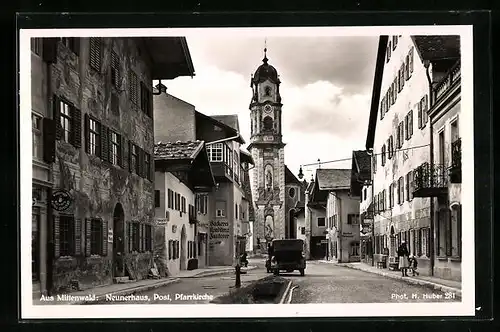 AK Mittenwald, Neunerhaus mit Post und Pfarrkirche