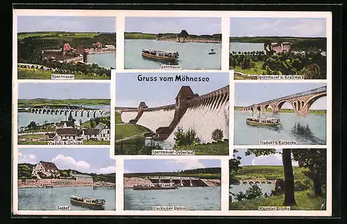 AK Delecke /Möhnesee, Viadukt, Sperrmauer-Überlauf, Stockumer Damm