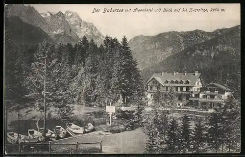 AK Zugspitze, Der Badersee mit Alpenhotel und Blick auf die Zugspitze