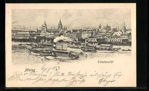 Künstler-AK Mainz, Totalansicht mit Dampfern