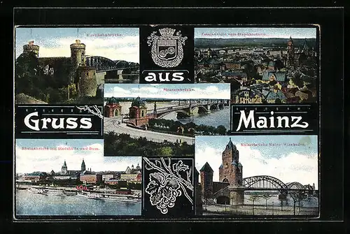 AK Mainz, Rheinansicht mit Stathalle und Dom, Kaiserbrücke Mainz-Wiesbaden, Eisenbahnbrücke