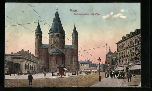AK Mainz, Liebfrauenplatz mit Möbel-Waren-Kredithaus Max Friedeberg und Dom