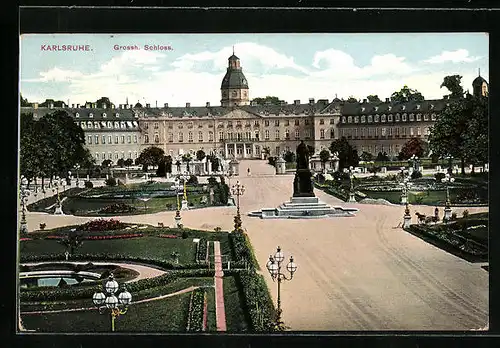 AK Karlsruhe, Grossherzogliches Schloss mit Denkmal