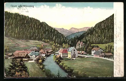 AK Mürzsteg, Totalansicht mit Gebirgspanorama