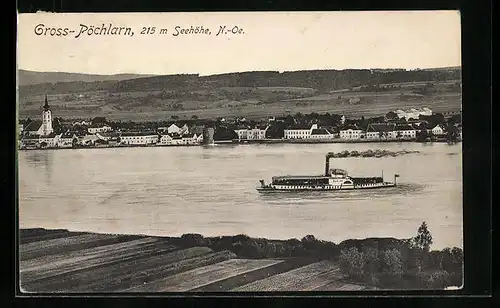 AK Gross-Pöchlarn /Donau, Flusspartie mit Dampfer und Ort