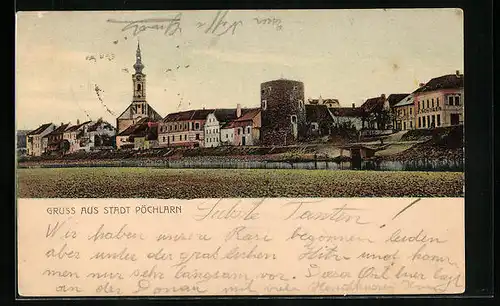 AK Pöchlarn /Donau, Ortspartie mit Turm und Kirche