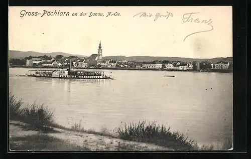 AK Gross-Pöchlarn /Donau, Totalansicht mit Dampfer