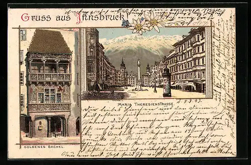 Lithographie Innsbruck, Maria Theresienstrasse, Goldenes Dachl
