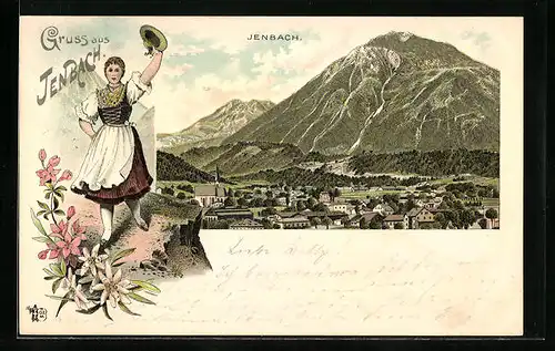 Lithographie Jenbach, Panorama mit Bergmassiv