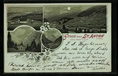Mondschein-Lithographie St. Anton, St. Christof, Konstanzerhütte, Panorama