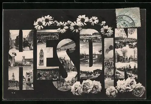 AK Hesdin, Ansichten aus dem Ort in den Buchstaben vom Ortsnamen