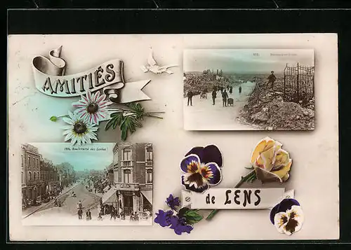 AK Lens, Boulevard des Ècoles im Krieg und heute