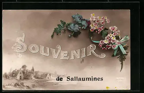 Künstler-AK Sallaumines, Ortsansicht mit Blumen geschmückt
