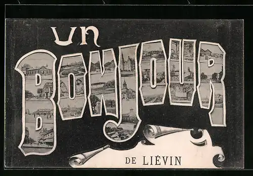 AK Lièvin, Ansichten aus dem Ort in den Buchstaben vom Ortsnamen