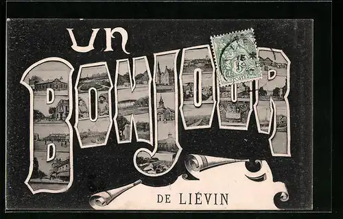 AK Lièvin, Ansichten aus dem Ort in den Buchstaben vom Ortsnamen