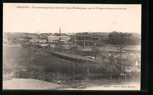 AK Marquise, Vue panoramique et gènèrale des Usines Mètallurgiques, avec le Village de Rinxent dans le fond