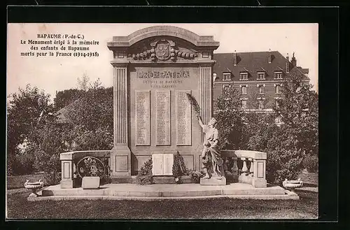 AK Bapaume, Le Monument erice à la memoire des enfants de Bapaume morts pour la France 1914-1918