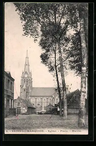 AK Sains-lez-Marquion, Eglise, Place, Mairie