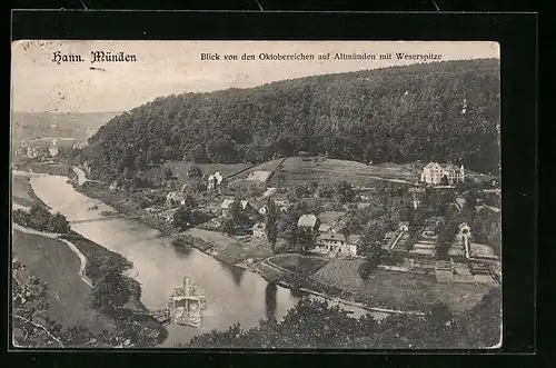AK Hann. Münden, Blick von den Oktobereichen auf Altmünden mit Weserspitze
