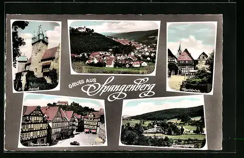 AK Spangenberg, Ortsansicht, Schloss, Marktplatz, Schwimmbad