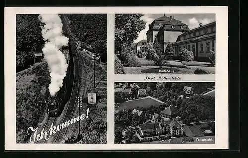 AK Bad Rothenfelde, einfahrende Eisenbahn, Teilansicht und Badehaus