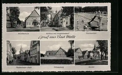 AK Bad Melle, Mühlenstrasse, Rathaus mit Kriegerdenkmal, Schwimmbad, Plettenberger Strasse, Grönenburg, Markt