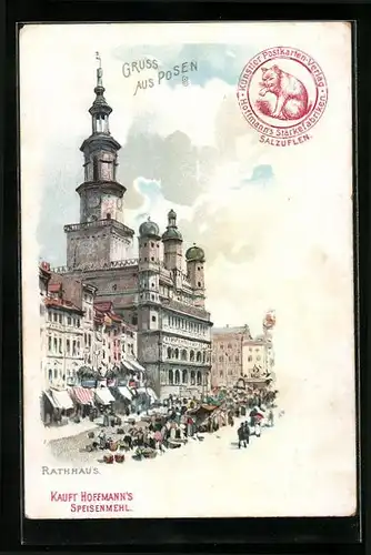 Lithographie Posen / Poznan, Rathaus mit Marktplatz