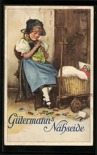 Künstler-AK Curt Liebich: Junge Frau näht Puppenkleid, Reklame für Gütermann`s Nähseide