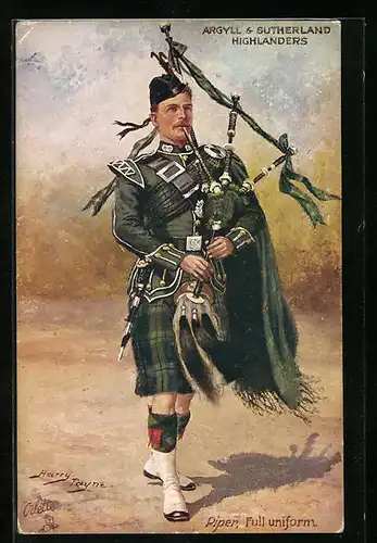 Künstler-AK Harry Payne: Argyll & Sutherland Highlanders, Piper, Full uniform, Soldat im Kilt mit Dudelsack