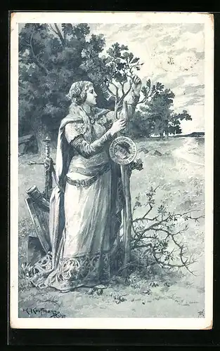Künstler-AK Hans Kaufmann: Frau mit Schwert und Schild am Baum