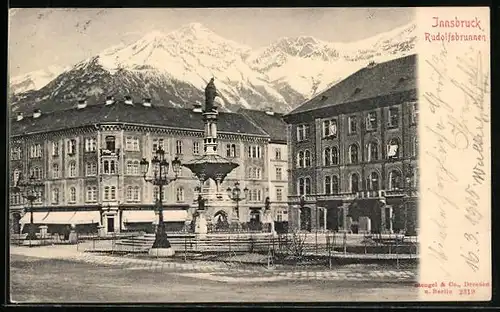 AK Innsbruck, Strassenpartie mit Kunsthandlung Rudof Reiss und Rudolfsbrunnen